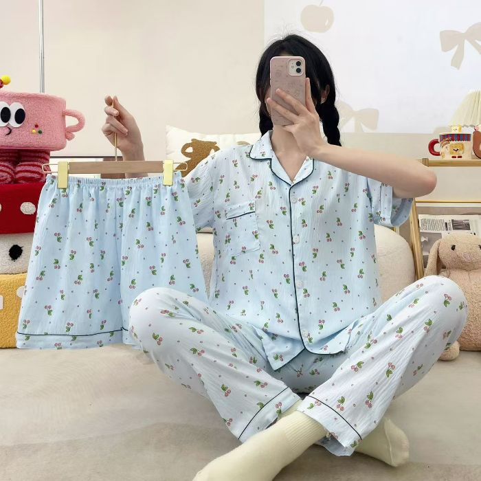 Venta al por mayor transfronteriza 120g pijamas de algodón de nube de verano de manga corta para mujer pantalones cortos de algodón de nube de verano de tres piezas servicio a domicilio de dibujos animados