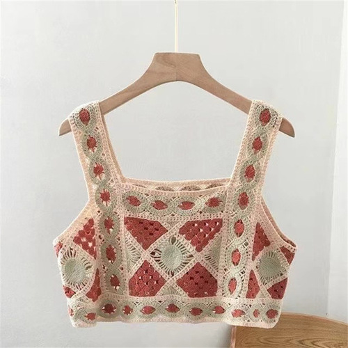 Bohemian ethnic small suspender vest embroidered hollow knitted short inner wear women's sleeveless top new style