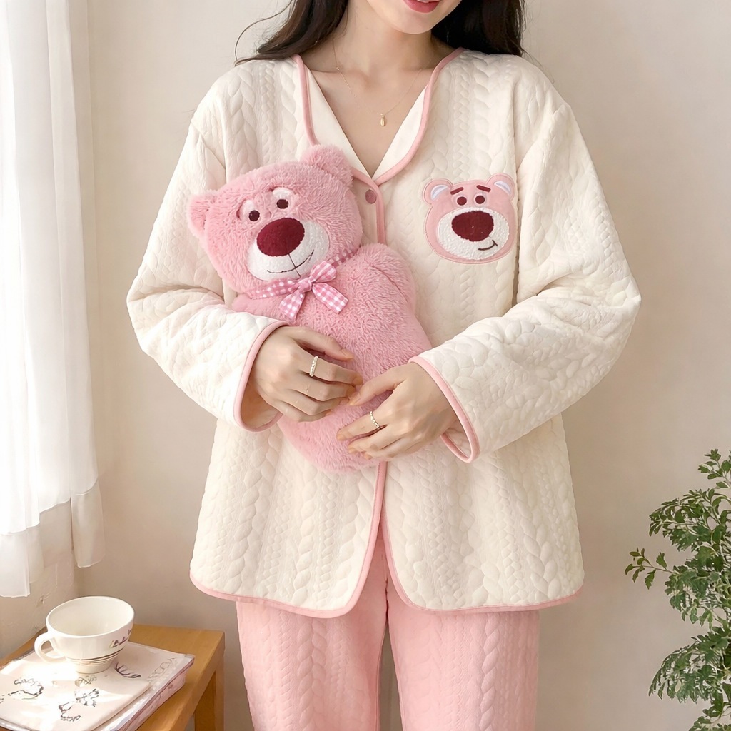 Cereza adorable aire algodón intercalado otoño invierno engrosado pijama mujer 2026 nuevo conjunto de ropa de hogar cálida de manga larga