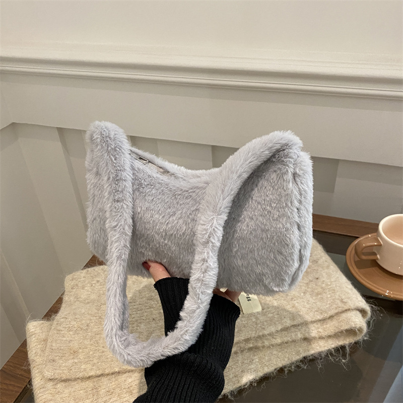 2025 primavera nueva bolsa de hombro de lana coreana, bolso de brazo casual de moda, bolso de moda de peluche de estilo extranjero