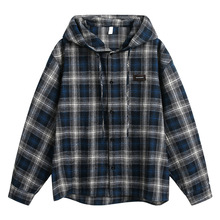 春秋新款复古格子连帽衬衫男女美式情侣慵懒风宽松格纹衬衣外套潮