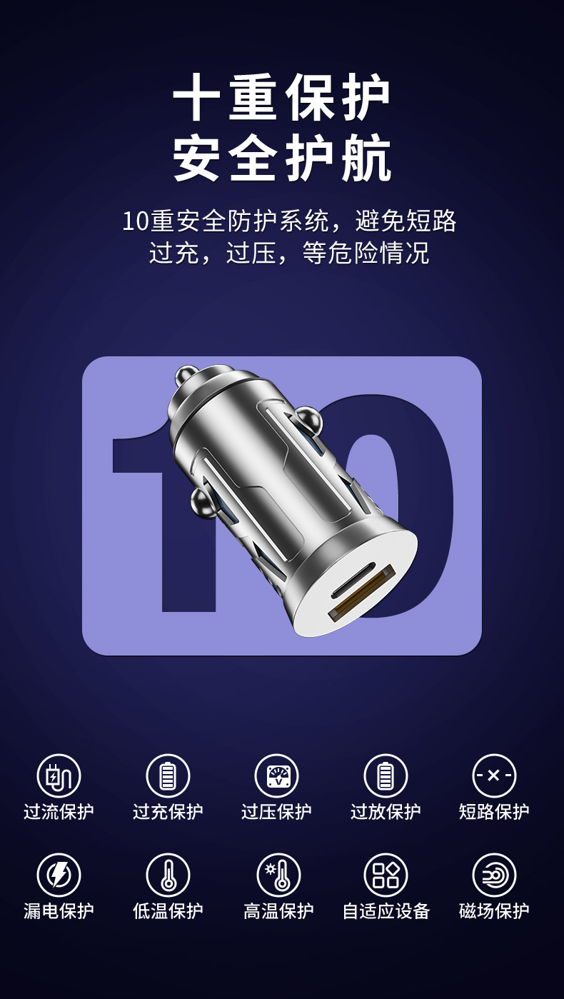 Aluminum alloy car charger 120W super fast charge PD fast charge double mouth one drag two with atmosphere light car charger