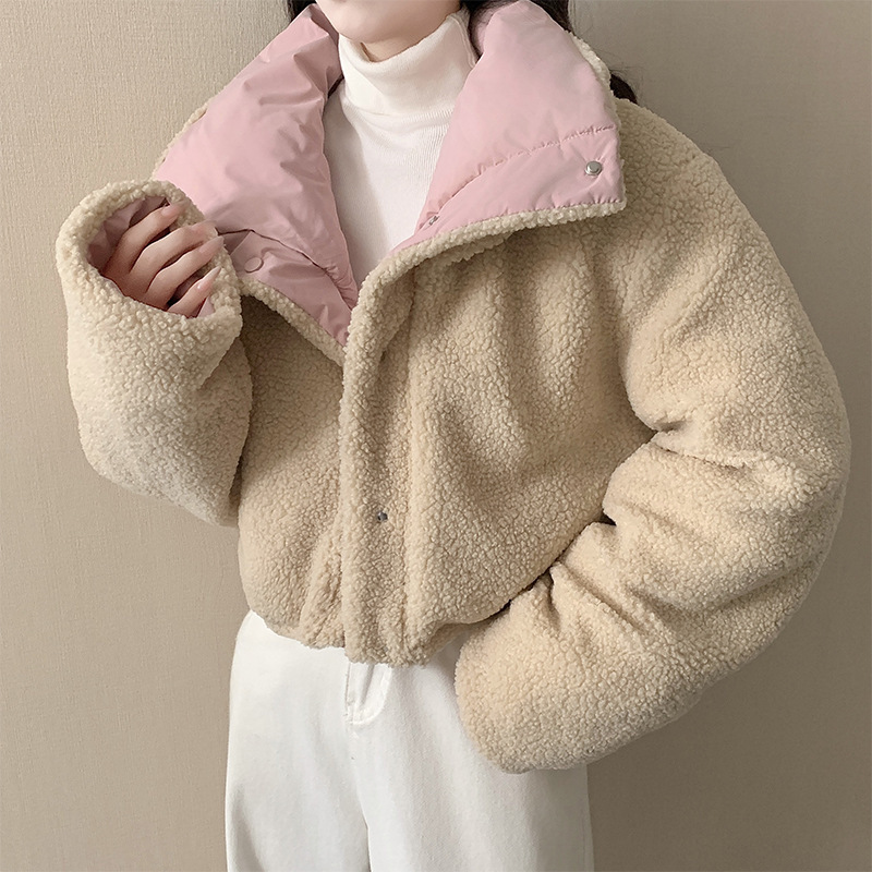 女性用ショートコート、韓国風ラペル模造ラムウールコットンコート、ゆったり両面着用長袖パンコート、冬用コットンコート|undefined