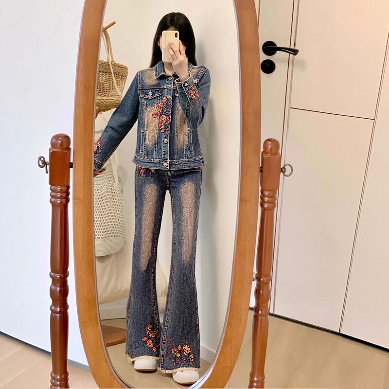 Denim Suit for Women 2025 Spring Slim Fit Retro Light Mature Style Two-Piece Short Jacket with Bootcut Jeans