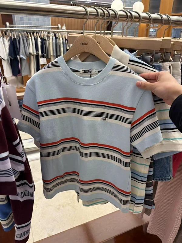 正規品 GROVE 韓国 東大門 メンズ レディース カップル ストライプ 半袖 Tシャツ カジュアル ファッション 万能 純綿|undefined
