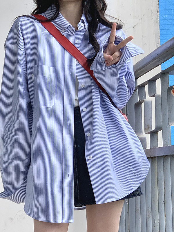 法式气质蓝色条纹衬衫女早秋2025新款宽松防晒衬衣外套上衣百搭潮|undefined