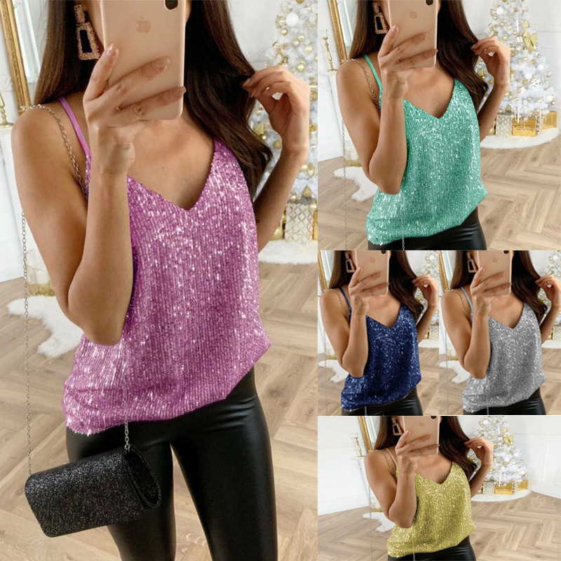 Women's Camisole Tank Tops Sequins Patchwork Casual Solid Color display picture 1