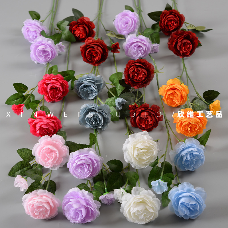 Simulation three-headed foreign peony tea plum rose silk cloth handmade flower fake flower wedding hall hotel home decoration ornaments