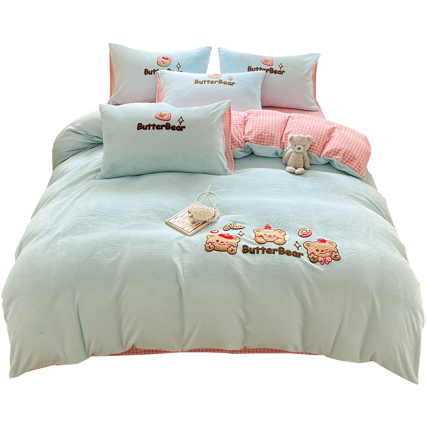 Círculos animados bordados de leche de lana de cuatro piezas engrosado cálido edredón de franela sábanas de lana de coral ropa de cama de invierno