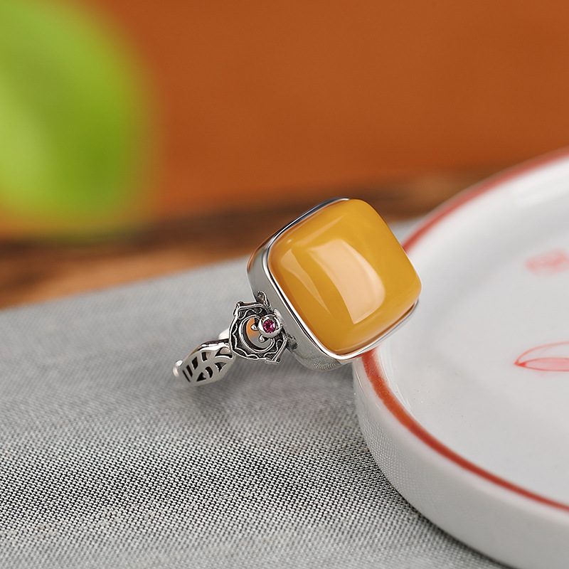 Nhẫn nữ bạc S925 hình vuông họa tiết hươu sáp ong, có thể điều chỉnh — Mở (một kích thước)