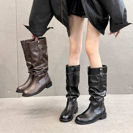 靴子长筒靴女新款女式皮靴大筒围堆堆靴黑色长靴厚底骑士靴高筒靴