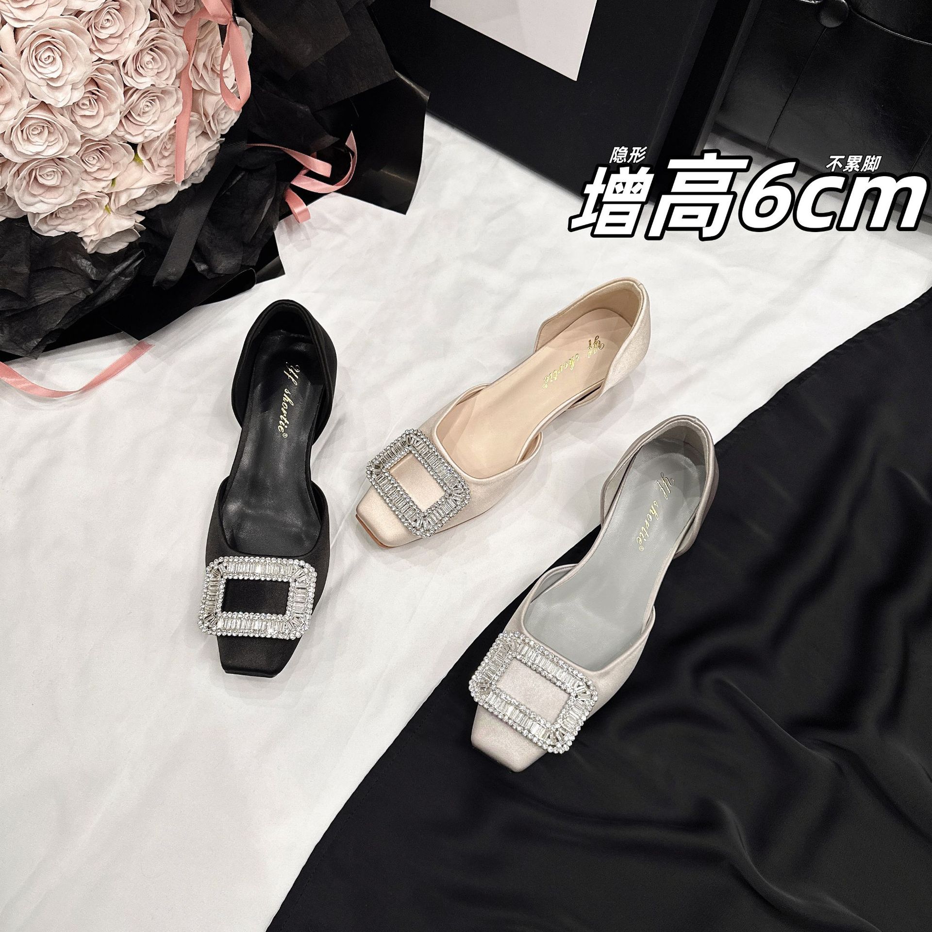 增高6cm雪花水钻扣浅口单鞋女2025夏季新款法式透气中空缎面凉鞋