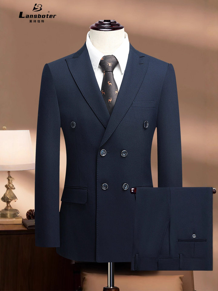 Vest nam công sở cao cấp dáng ôm, cổ ve nhọn hai hàng khuy, phong cách Hàn Quốc, phù hợp dự tiệc cưới — Sọc xanh (áo + quần)