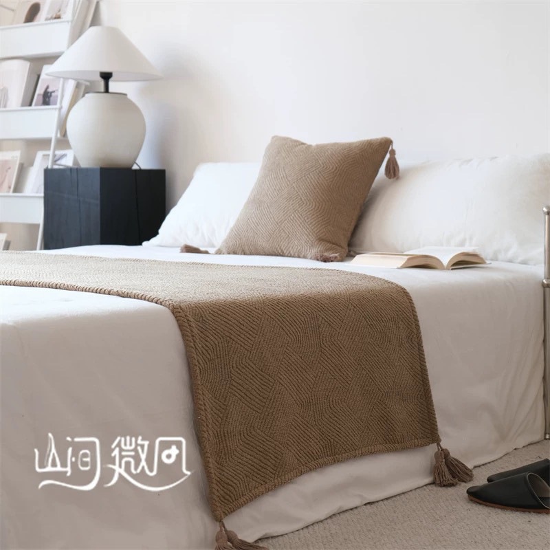 Wabi-sabi vintage-style bed runner, bed throw, blanket, bed cover, bed flag for guesthouses, hotels, inns, in coffee brown color