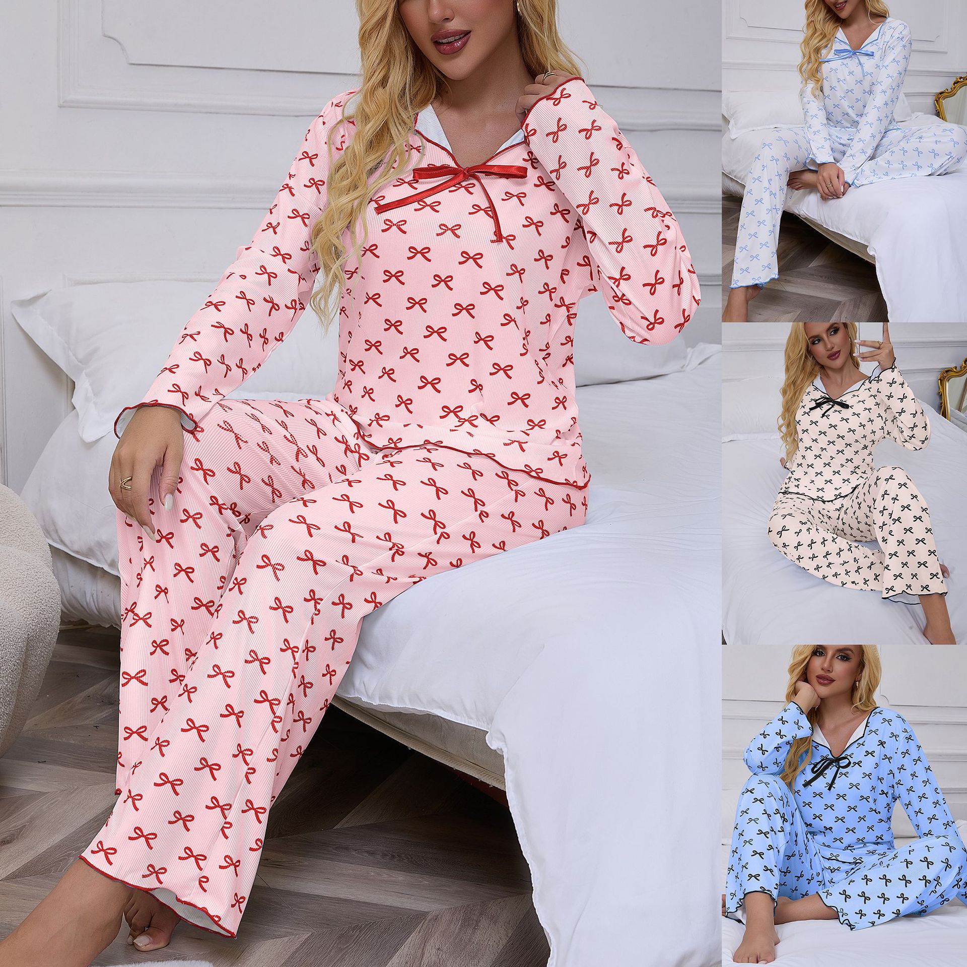 Nuevo otoño y invierno transfronterizos Europa y los Estados Unidos damas pequeñas solapas costillas agujeros arco pantalones de manga larga pijama conjunto de mujeres