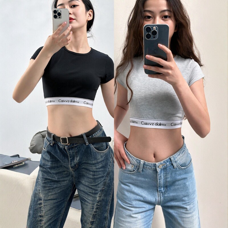 Spicy girl style lettered hem slim-fit short T-shirt for women, summer U-neck tight crop top, versatile and slimming short sleeve Spicy girl style lettered hem slim-fit short T-shirt for women, summer U-neck tight crop top, versatile and slimming short sleeve