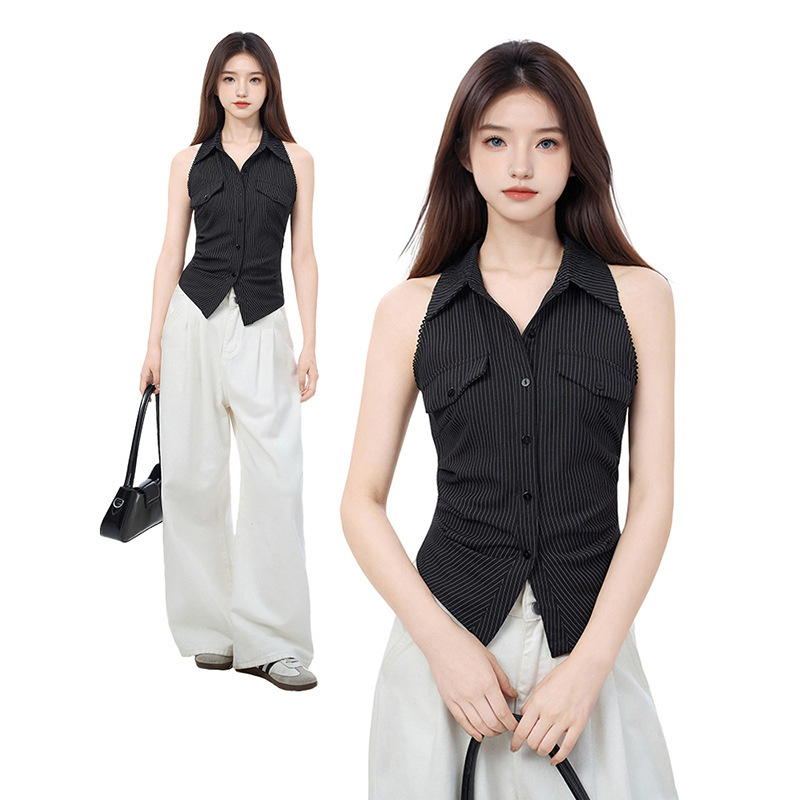 Black Striped Sleeveless Shirt for Women Summer 2025 New Design Niche Backless Waist Shirt Top