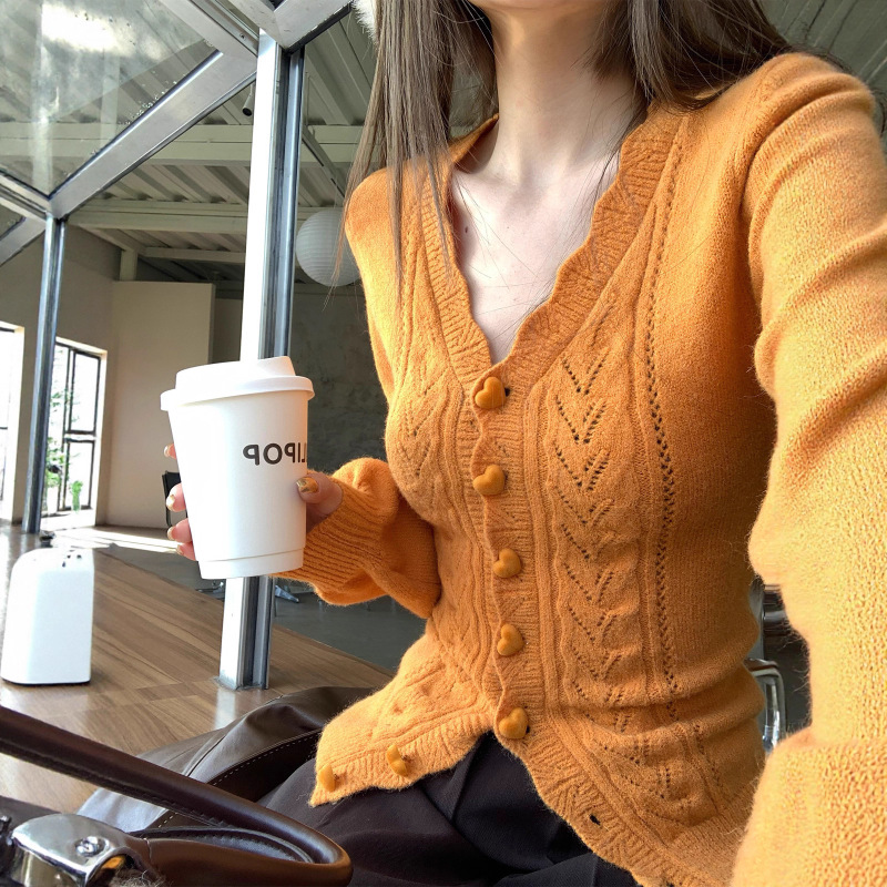 韩版纯色V领花边毛衣开衫女秋季新款修身慵懒风内搭针织外套上衣|undefined