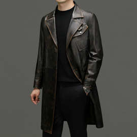 海宁正品头层牛皮大衣男真皮皮衣秋季新款中年长款皮风衣外套
