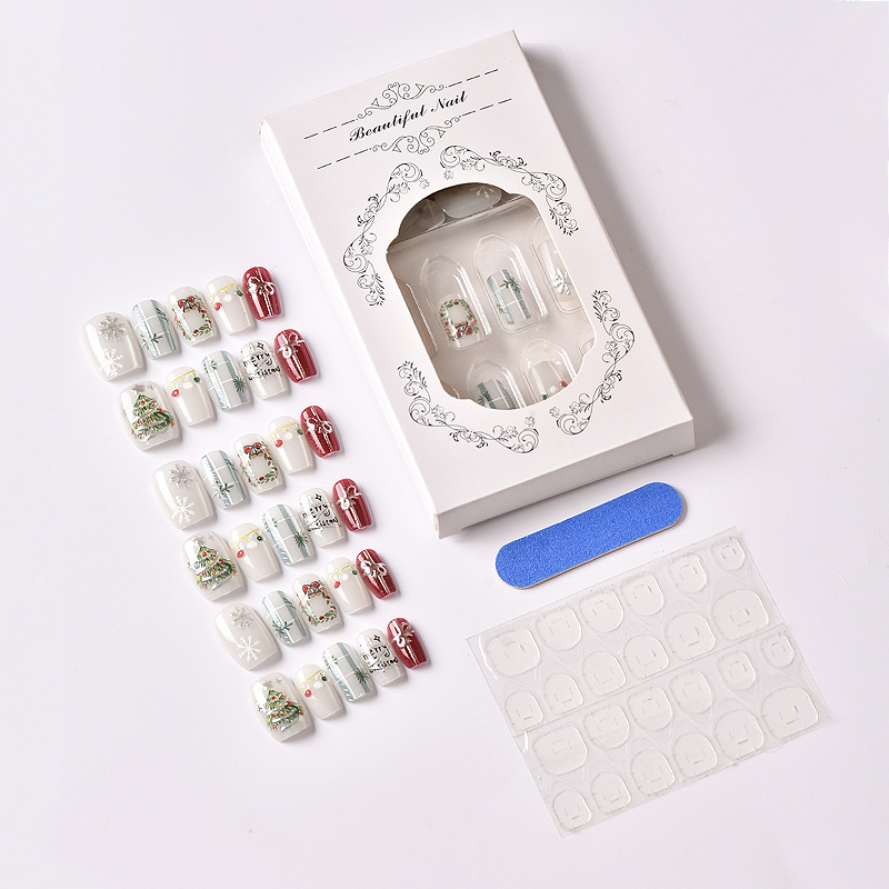 30片跨境圣诞节欧方鎏金猫眼穿戴甲3D立体银色雪花圣诞树美甲甲片|undefined