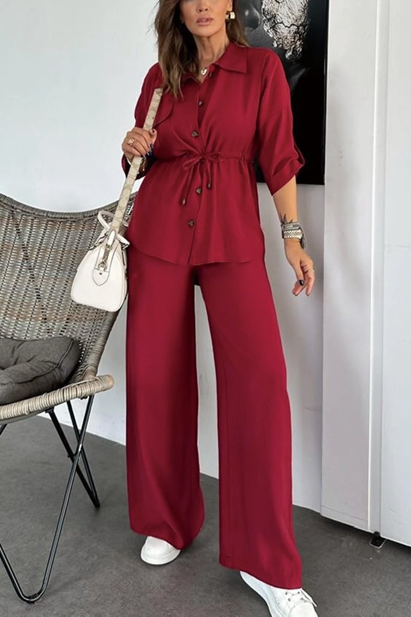Women's Autumn Solid Color Casual Button Drawstring Loose Suit European And American Style_ecoleips.com