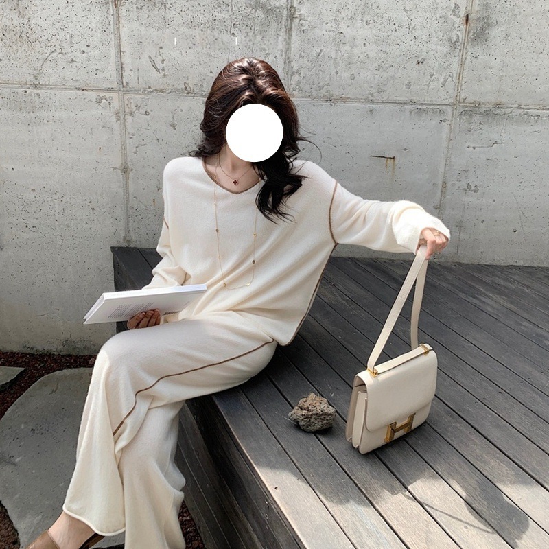 7663韩版简约针织套装秋季新款慵懒撞色线条设计毛衣长裤两件套女|undefined