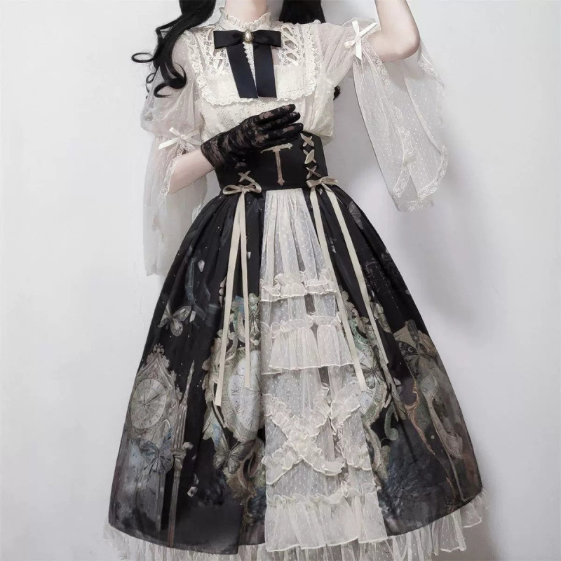 バタフライクロックopロリータサスペンダースカート日常かわいいlolita甘いスカート|undefined