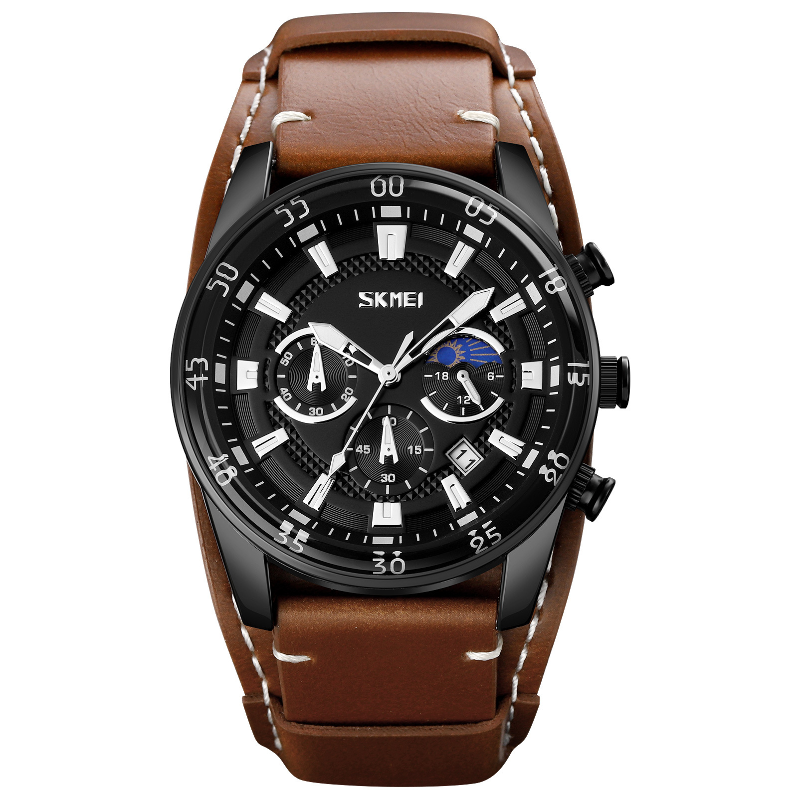 Momento de belleza para hombres cronógrafo multifuncional reloj de cuarzo muestra fase lunar impermeable reloj de pulsera de correa marrón retro reloj de hombre transfronterizo