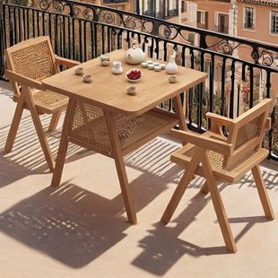 Solid Wood Balcony Tea Table and Chair Combination, Simple Negotiation Table, Internet Celebrity One Table and Two Chairs, Small Apartment Leisure Rattan Chair Three-Piece Set