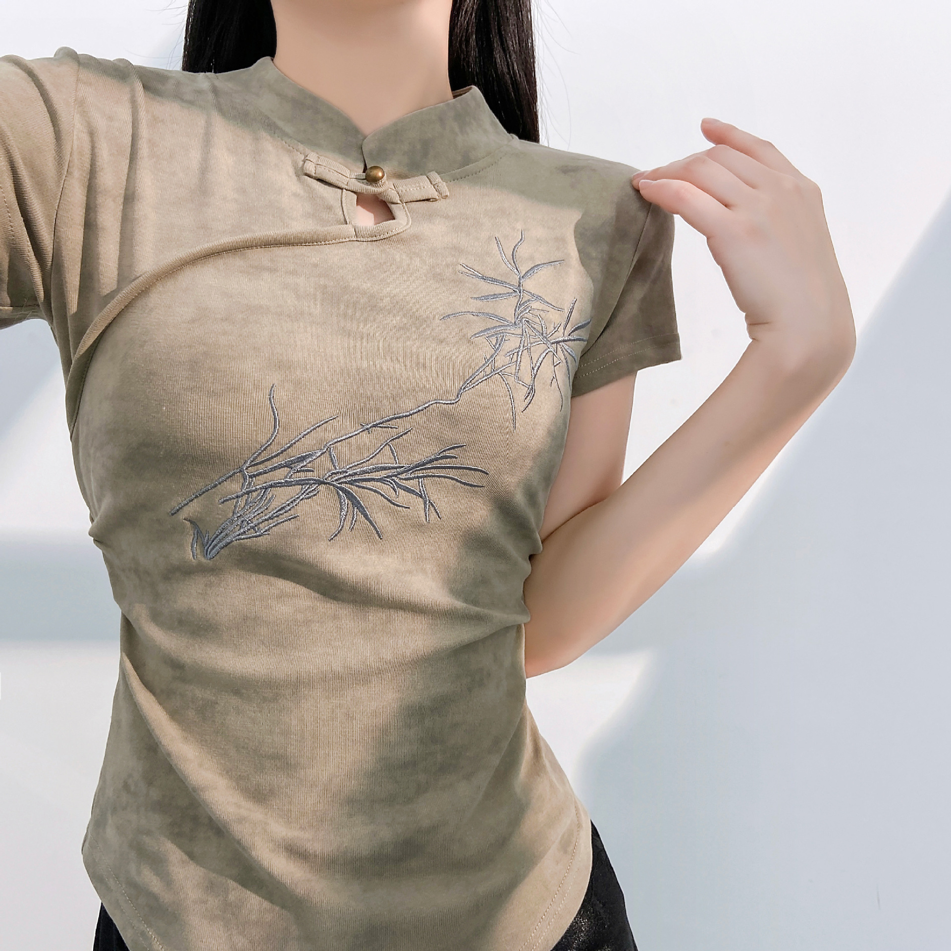 2025夏季新款新中式套装女收腰显瘦露腰短袖缎面提花高级感半身裙