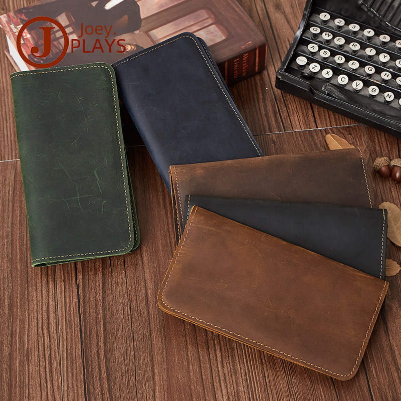 Leather Men's Wallet Crazy Horse Leather Business Retro Multi-Card Slot Long Wallet Men's Casual Handbag Men's Bag