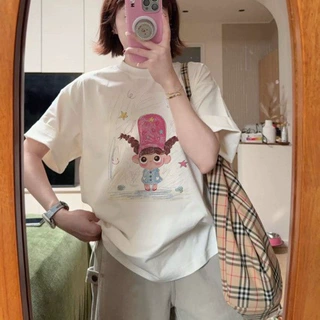 100%纯棉白色绘画可爱小女孩短袖t恤女夏季2026新款宽松半袖上衣
