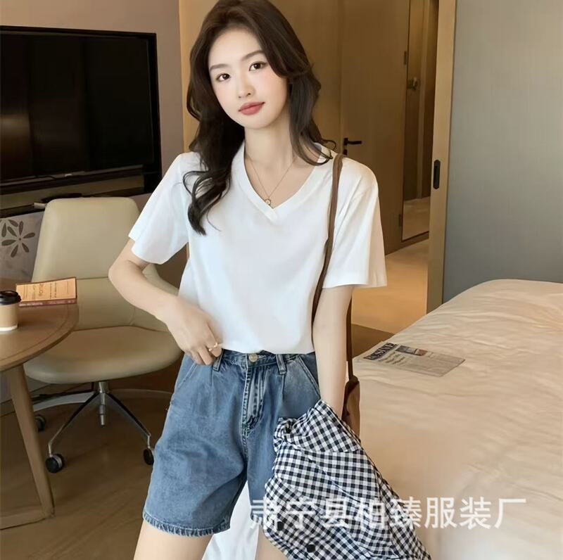 Pure Cotton V-Neck Short-Sleeve T-Shirt for Women, New 2026 Spring/Summer Style, 220g Regular Shoulder Base Layer White Half-Sleeve Top