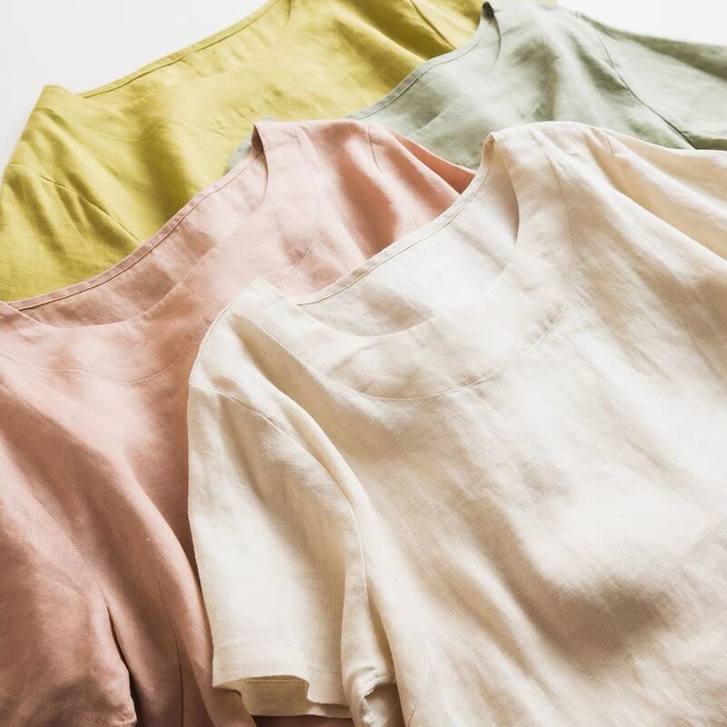 Japanese Commuter Simple 17 × 21 Fine Pure Linen Artistic Temperament Thin Round Neck Short-sleeved T-shirt Shirt Top