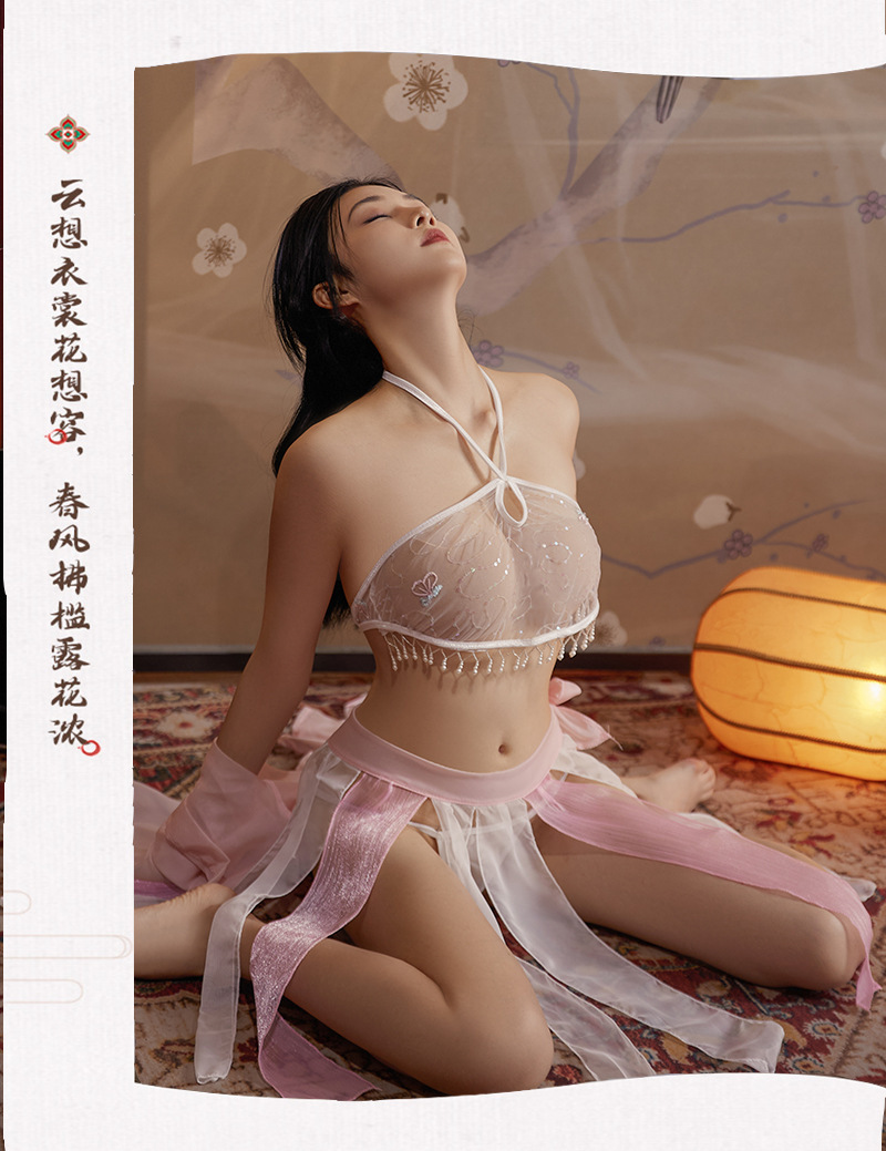 Guanyun Antique-Style Sheer Bellyband Costume Set with Chiffon Robe, Long Skirt and Briefs — detail image 1