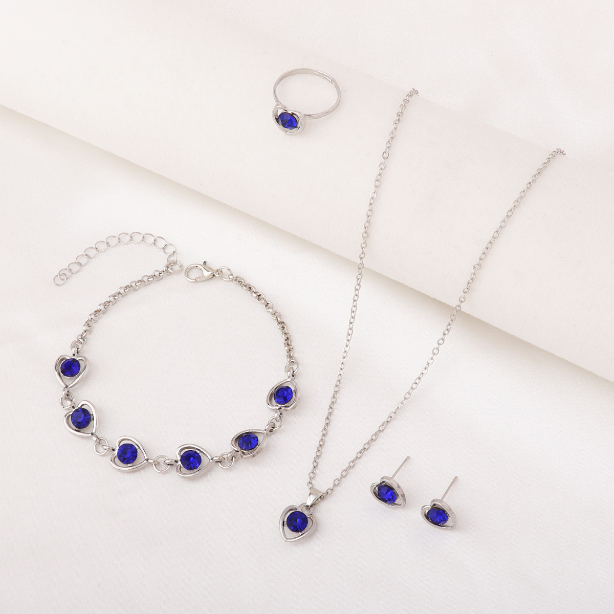 Amazon Cross-Border European and American Crystal Love Jewelry, Fashionable and Elegant Heart-Shaped Necklace, Earrings, Ring, and Bracelet Four-Piece Set
