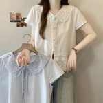 实拍~大码夏季韩系甜美减龄蕾丝娃娃领镂空刺绣小清新短袖衬衫女