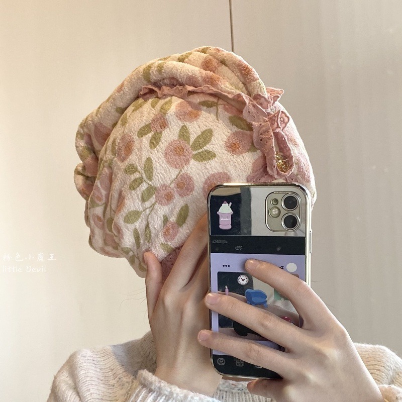 INS印花干发帽公主风蕾丝花边浴帽加厚珊瑚绒吸水速干干发巾批发|undefined