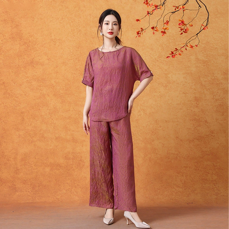 Летний ароматный топ из марлевого топа для мамы, модная женская одежда среднего и пожилого возраста, новый китайский стиль, шелковый комплект из двух предметов с короткими рукавами в китайском стиле