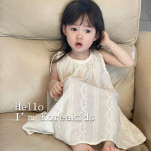 韓國童裝2022夏裝女童氣質時髦背心裙女孩洋氣森系圓領蕾絲連衣裙