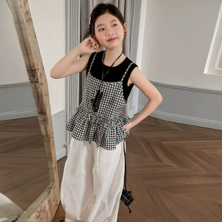 女童格纹吊带背心T恤阔腿裤三件套2026夏季新款女孩韩系休闲套装