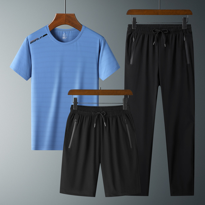 Ropa de verano de secado rápido traje de manga corta deportiva para hombres talla grande Camiseta de seda de hielo pantalones de estudiante traje de tres piezas