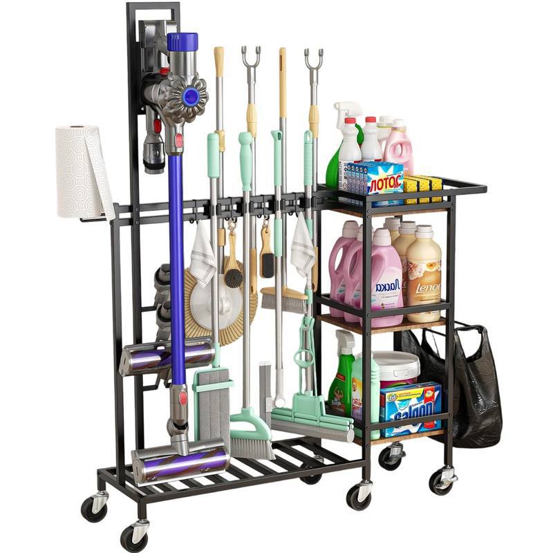 Rotating Multifunctional Vacuum Cleaner Stand, Broom and Mop Holder, with Storage and Organization for Cleaning Supplies