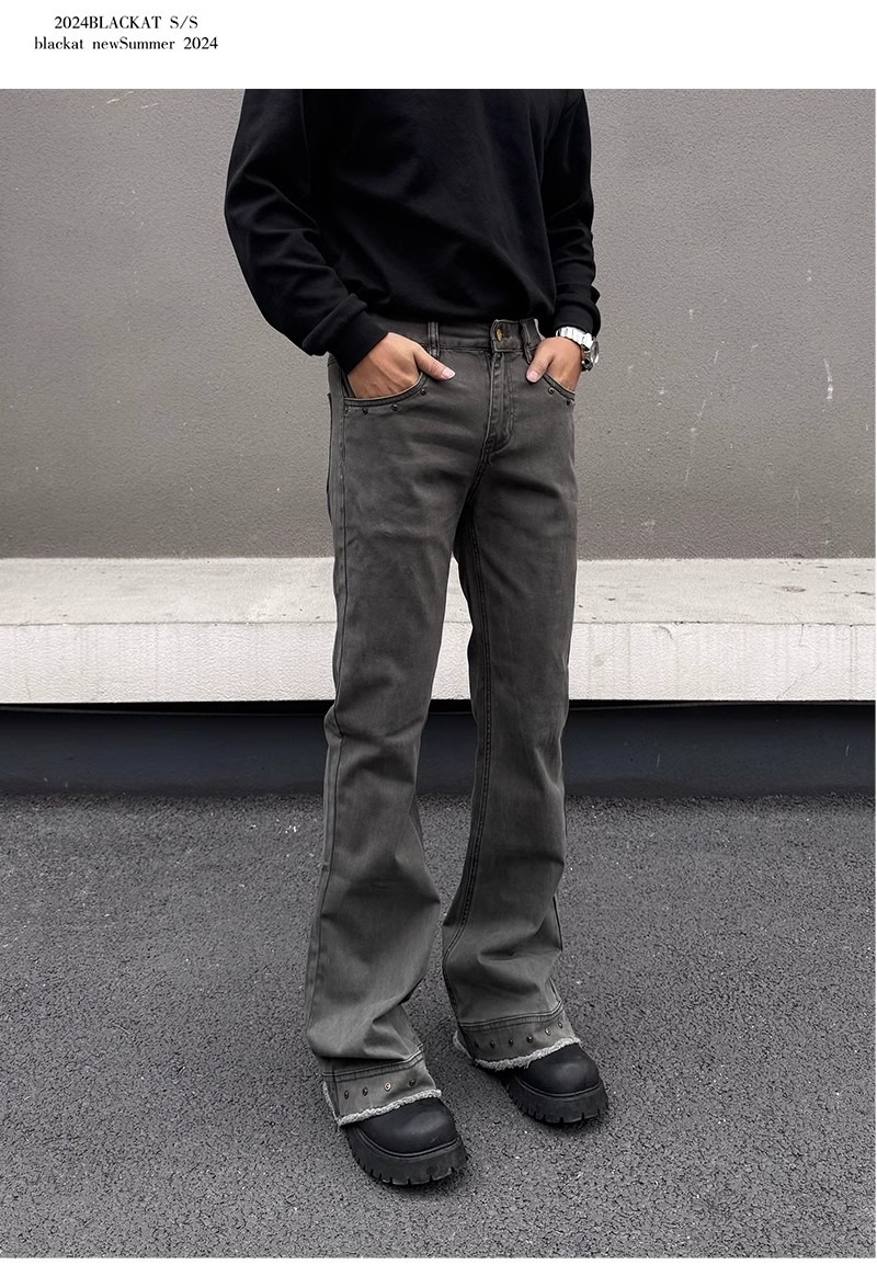 Retro Patchwork Streetwear Jeans Grey Black Men's Distressed Denim Button Fly Slight Flare_voghion.com