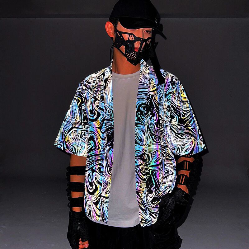 Cross-Border Colorful Reflective Japanese-Style Cardigan Jacket Men's Jk Top Spring Summer T-Shirt Stylish Mid-Sleeve Kimono Robe