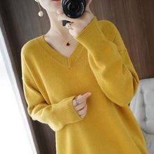 大码针织衫女秋冬季新款韩版宽松中长款领套头纯色外穿打底毛衣潮