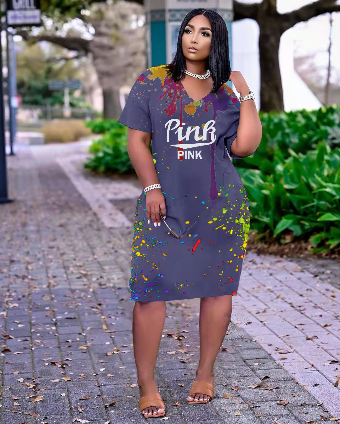 Loose Positioning Splashed Ink Printing Letters V neck Casual Dress