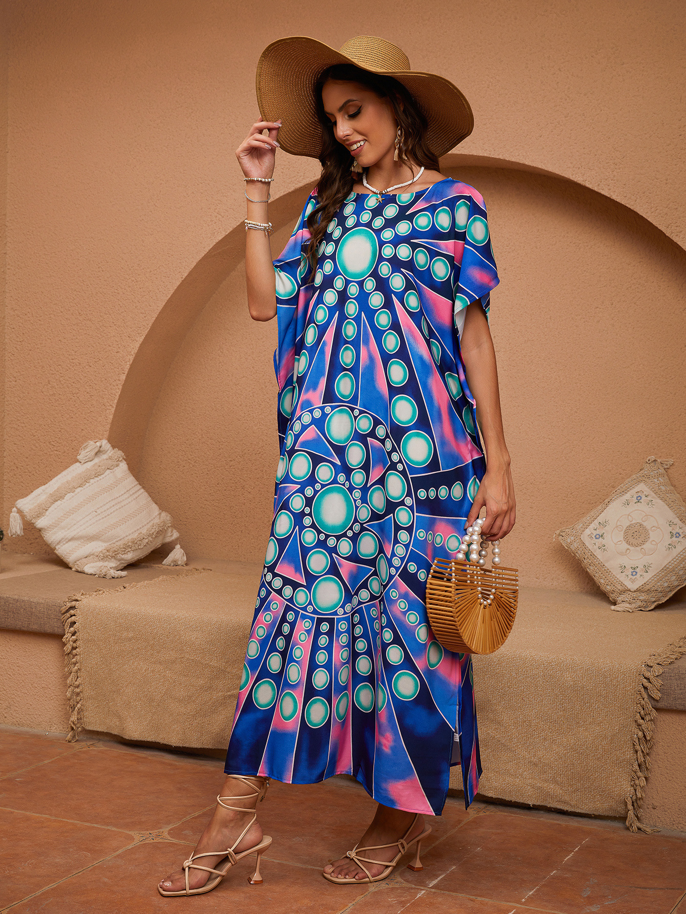 Cross-border playa blusa de secado rápido impresión de playa de vacaciones vestido largo suelto ropa de protección solar 1D160