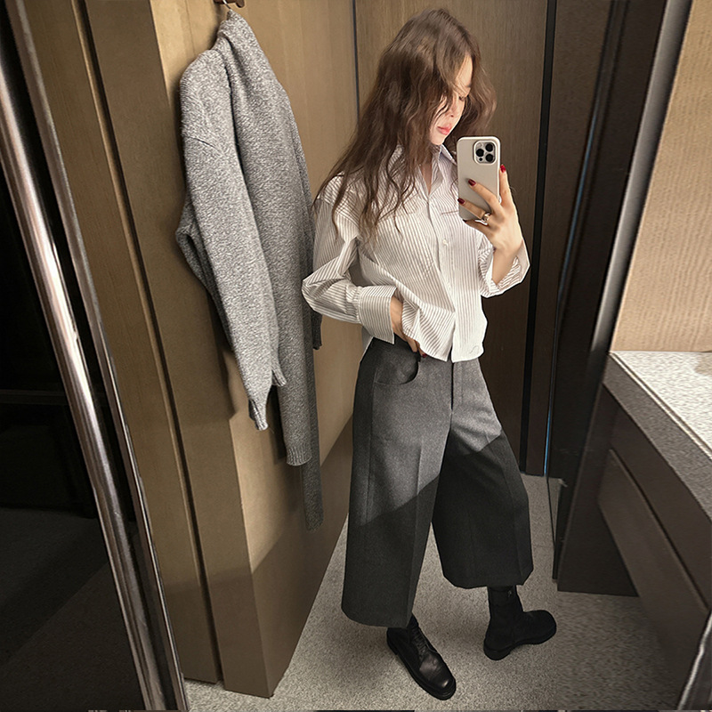 毛呢七分裤女式2025秋冬季新款阔腿裤小个子高腰八分直筒西装裤子