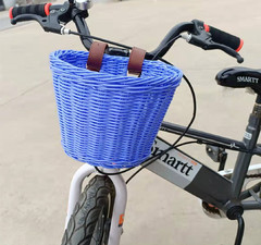 籐編み子供自転車バスケットプラスチック編み収納バスケット買い物バスケットpu革ストラップ車バスケット水洗い可能